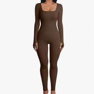 OQQ Women Long Sleeve Yoga Ribbed Jumpsuit-Brown